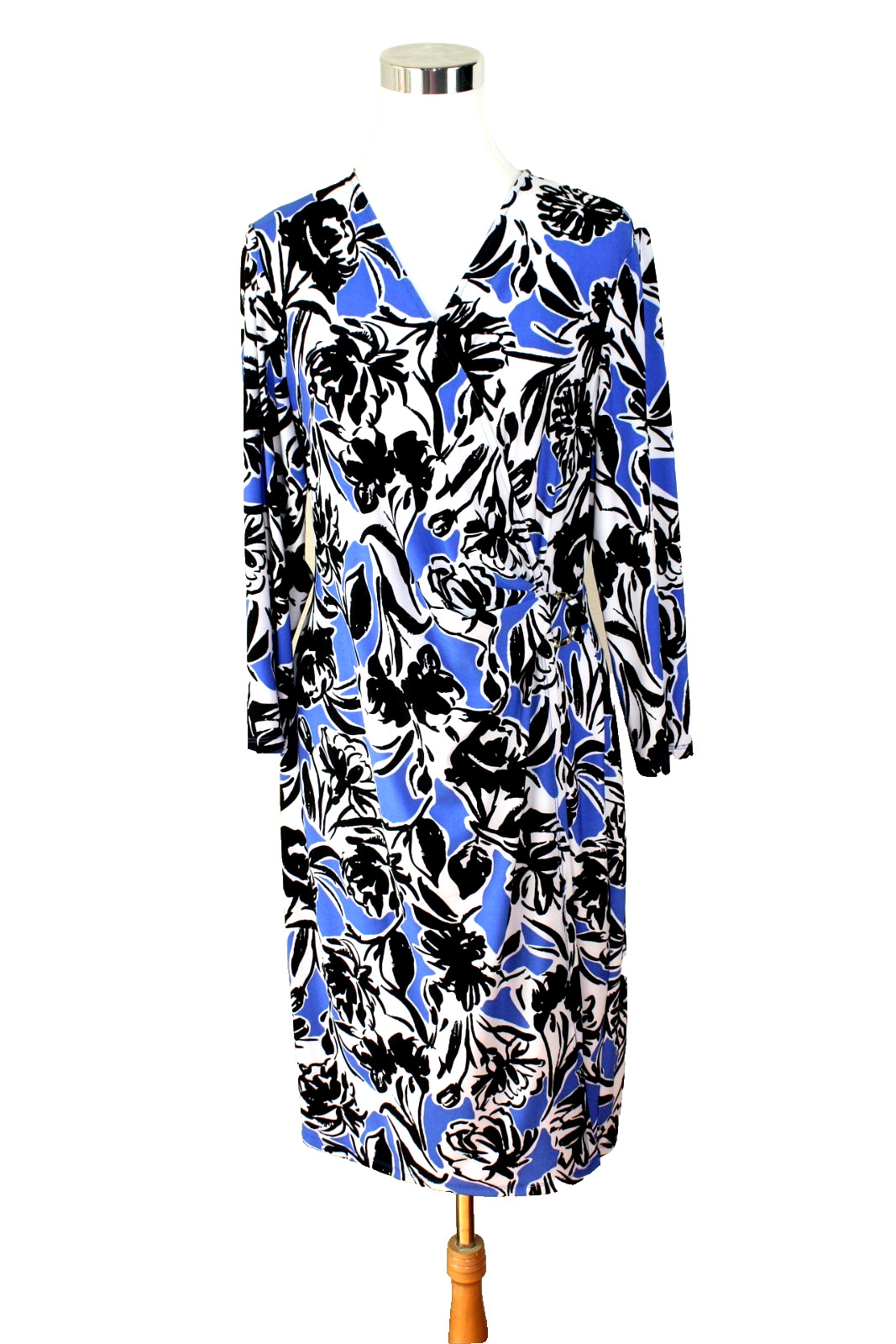 BLACK LABEL By EVAN PICONE Dress Knit / Mock Wrap Blue White Black Floral 14 #08