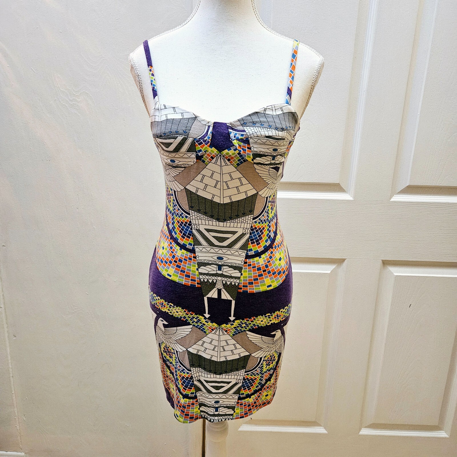 MARA HOFFMAN Runway White Purple Printed Egypt Stretch Bodycon Mini Dress XS
