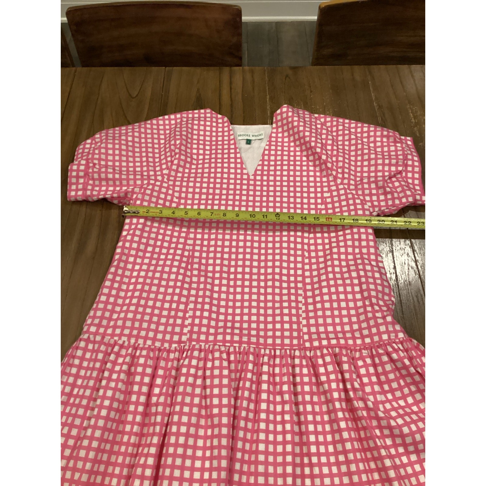 Brooke Wright lucy tiny pink check mini Dress Short Sleeve cotton linen ruffle L
