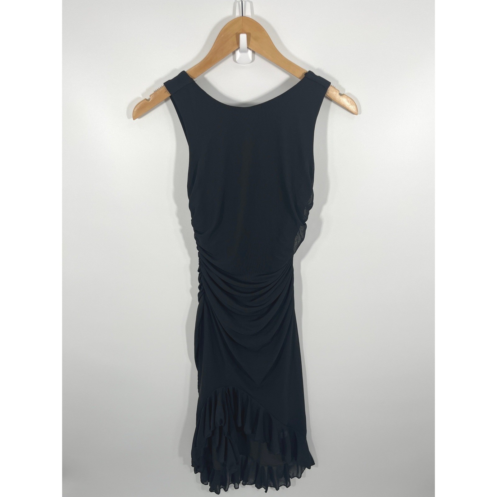 Womens Midi Dress XS Black Chic Minimalist Formal Ruffle Ruched High Low Stretch