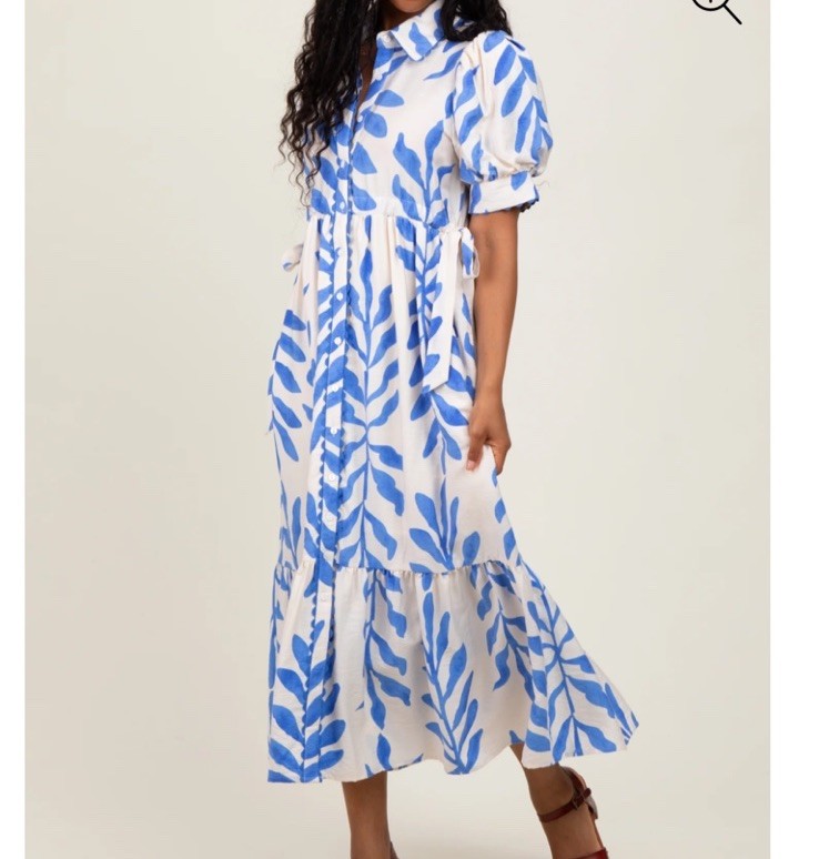 Entro Shirt Maxi Dress L Botanical Blue White Puff Sleeve Button Down Boho Chic
