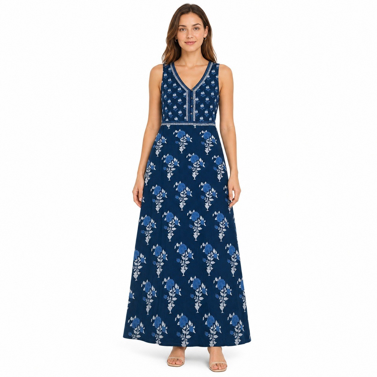 Pure Jill Maxi Dress Womens Medium Blue Floral Cotton Block Print Boho Pockets