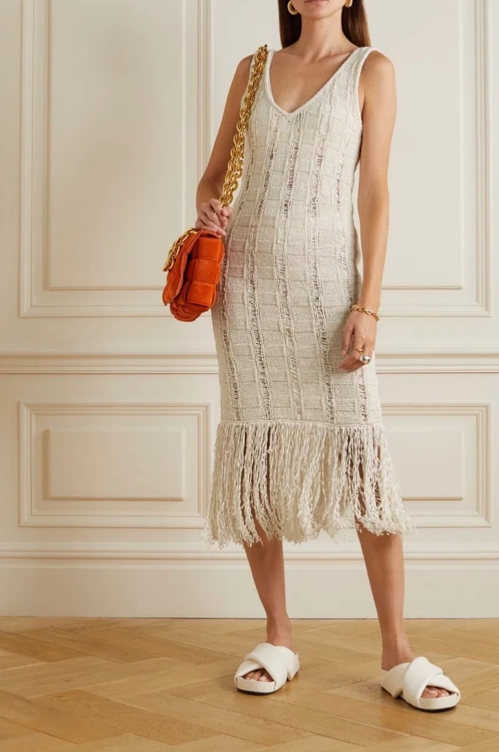 REMAIN BIRGER CHRISTENSEN Rotate Cotton Rafia Knit Dress Summer Gown Fringe L XL