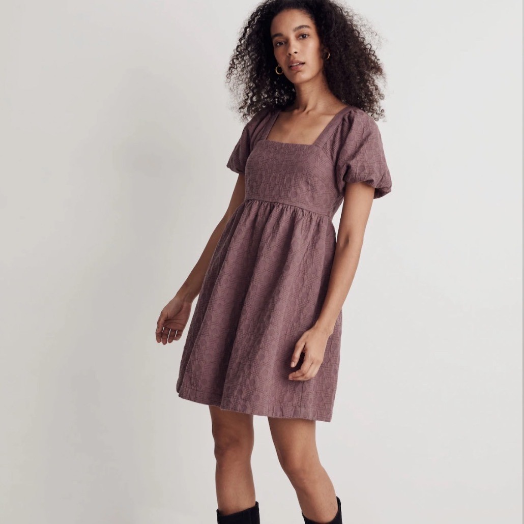 Madewell purple Floral Quilted Puff-Sleeve Mini Dress size medium