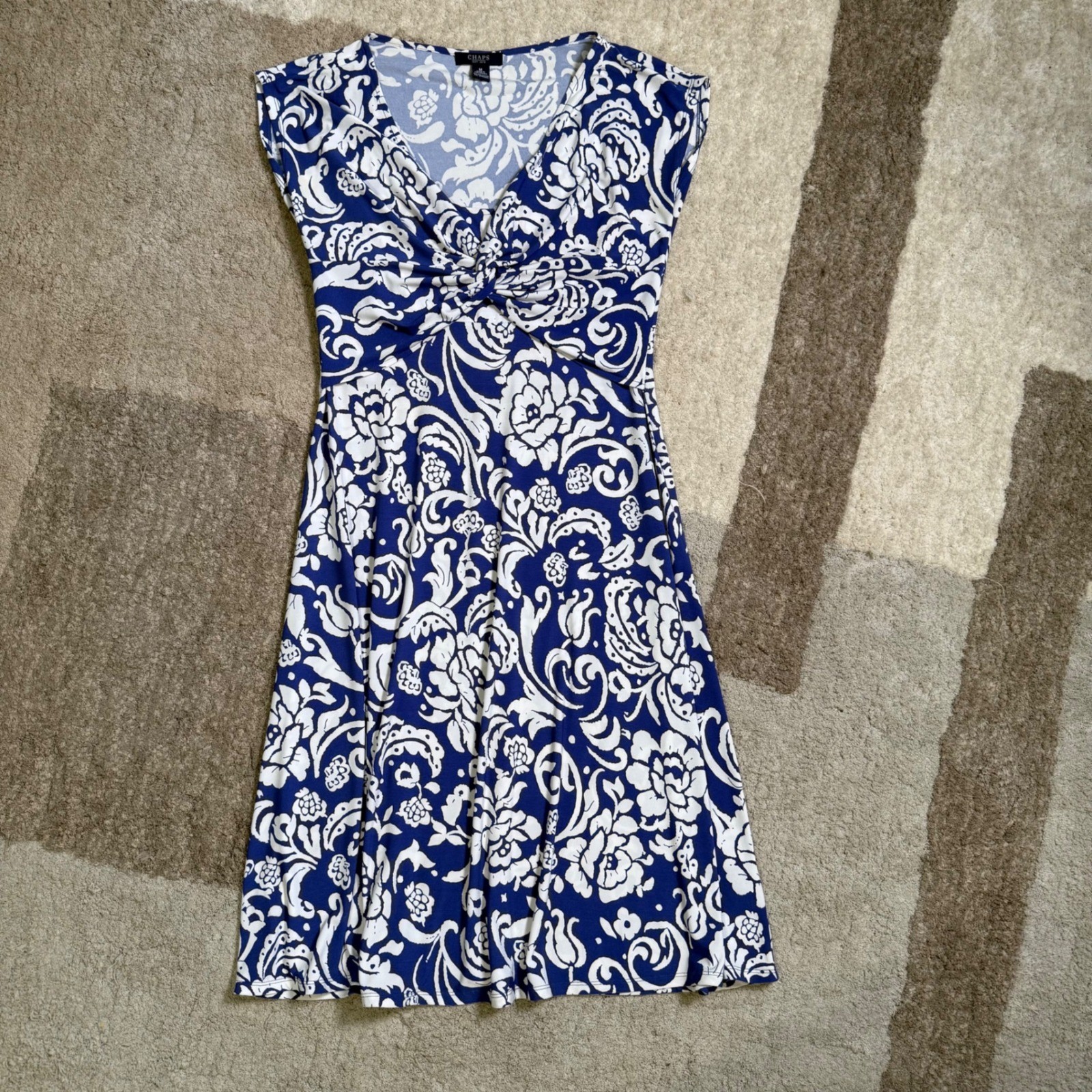 Chaps Womens Blue White Floral Paisley Twist Front V-Neck Dress medium