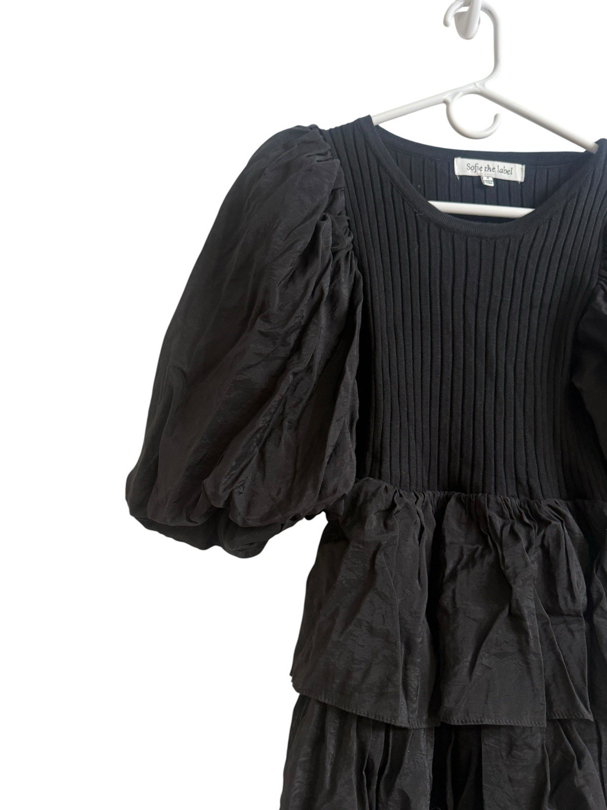 Sofie the Label Black Puff Sleeve Tiered Mini Dress Ribbed Cotton Size Small