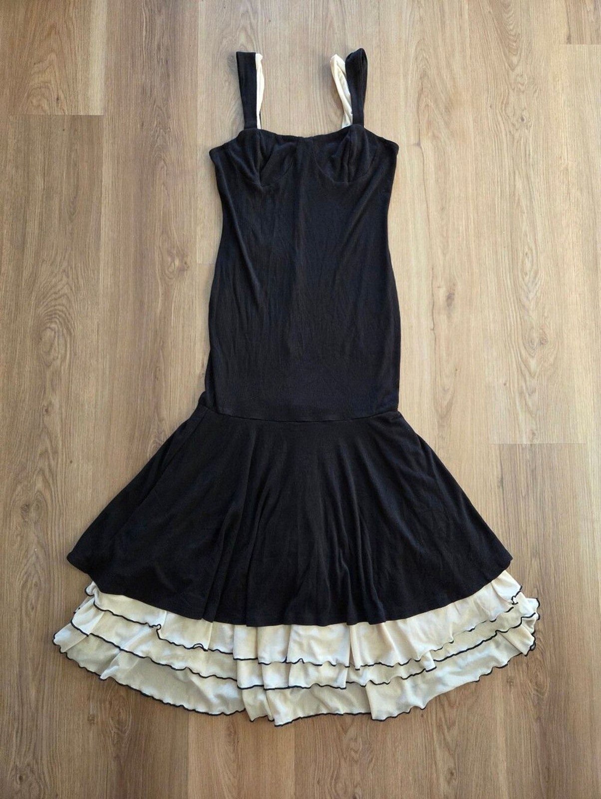 DAZY Black Ribbed Sweetheart Baby Doll Neck Drop Waist Dress L Coquette Ballet