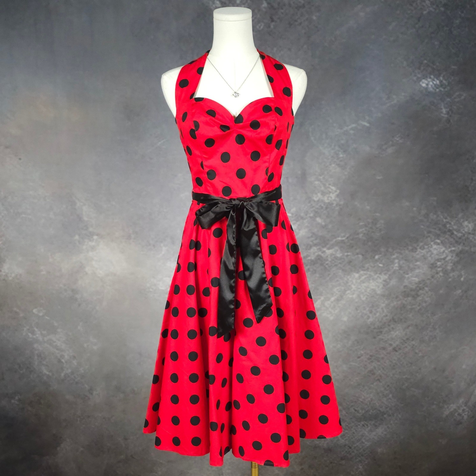 NWT Grace Karin Red Black Polka Dot 1950s Halter Rockabilly Swing Dress M Pinup