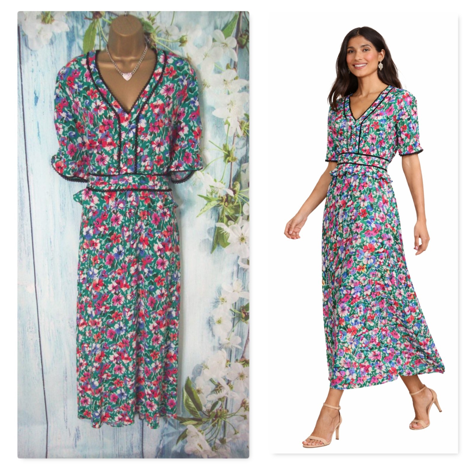 Next Love & Roses Green Floral Peplum Tea Midi Dress Size 16 Fit & Flare Summer