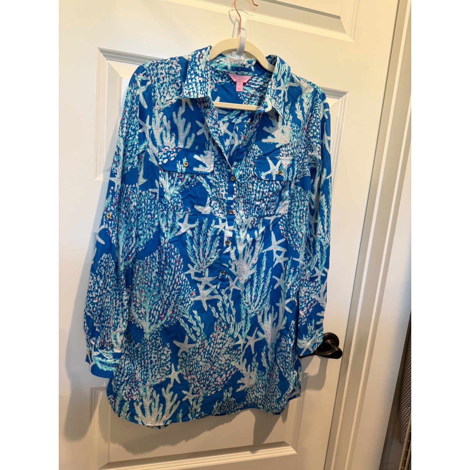 Lilly Pulitzer Blue Coral Starfish Print Roll Tab Button Front Dress Top Medium