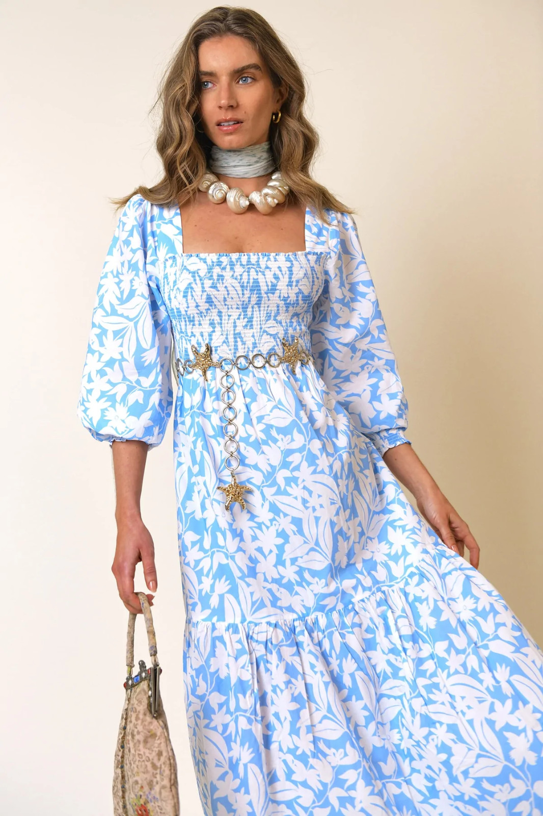 New Rixo YAS BLUE PALM SHIRRED MAXI DRESS Sz S M L XL 2XL 3XL Sold out