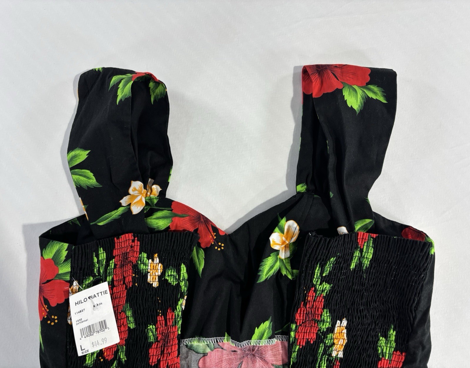 Royal Creations Hawaiian Black Smocked Halter Sundress Size L Floral Hibiscus