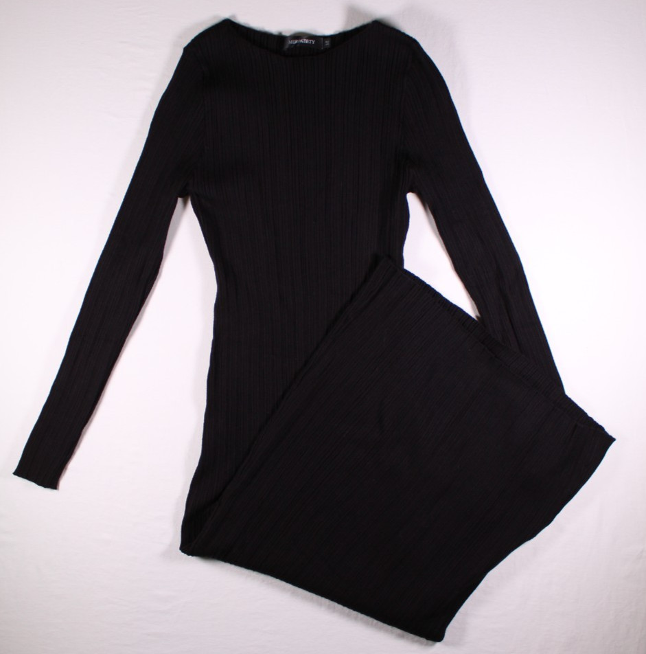MEROKEETY Black Ribbed Knit Long Sleeve Bodycon Sweater Dress Medium Crew Neck