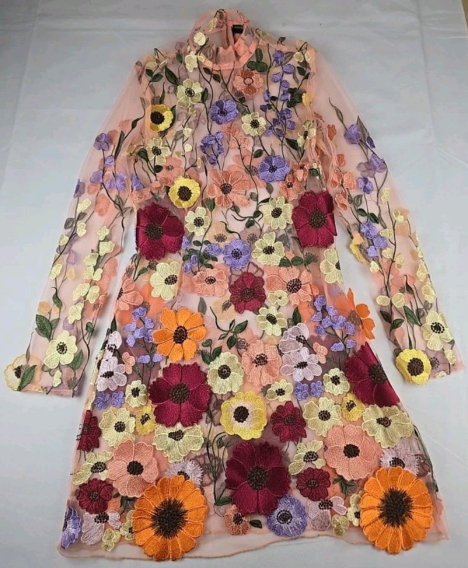 FINESSE Floral Flower Appliques Mini Dress Sheer Blush Mesh Long Sleeve Sz Small