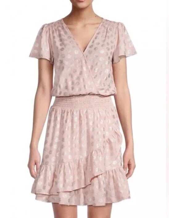 Michael Kors S Wrap Ruffled Flutter Sleeve Smocked Rosewater Silver Print Dress