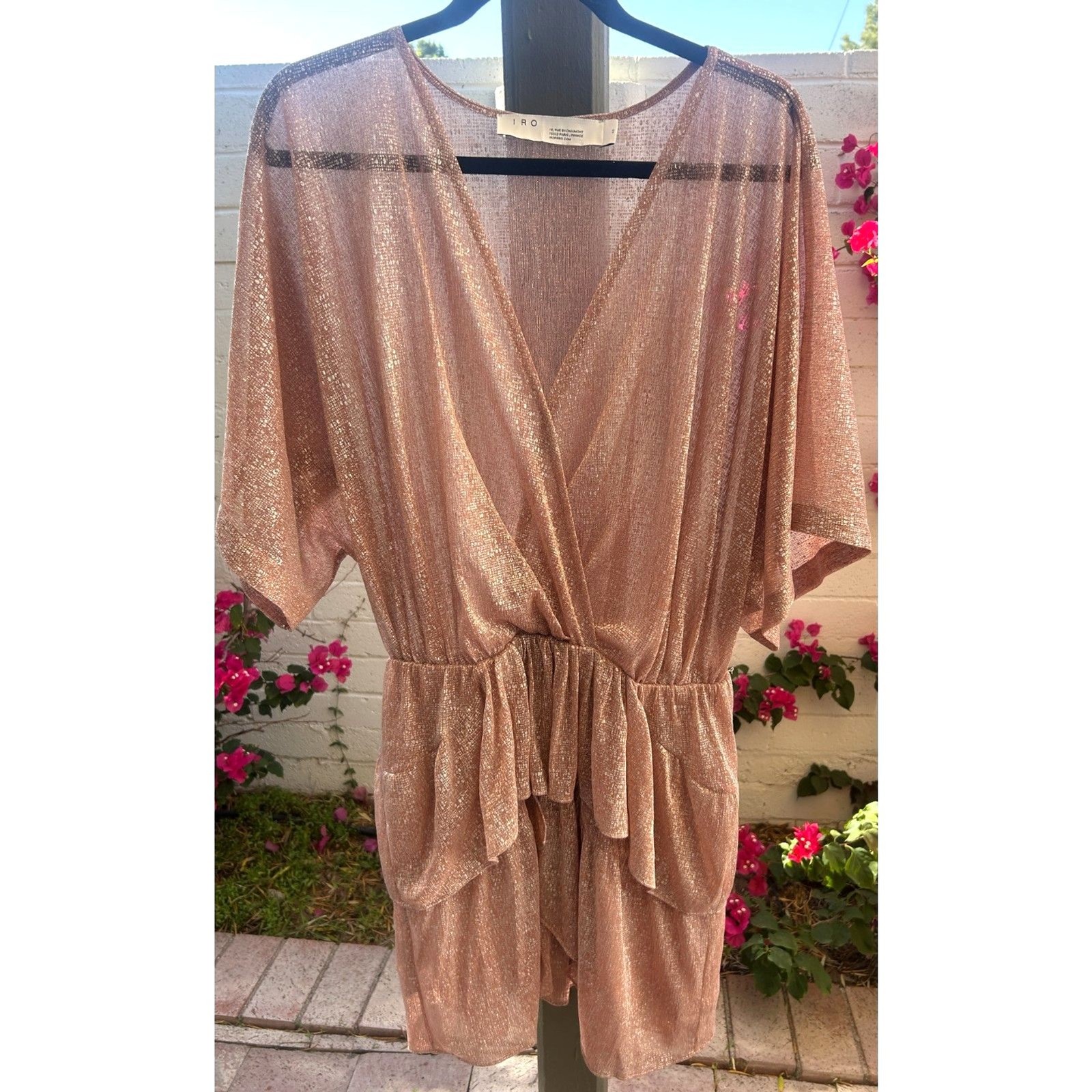 IRO Paris Lamé Ruffled Metallic Rose Gold Shimmer Mini Dress French Size 40 L