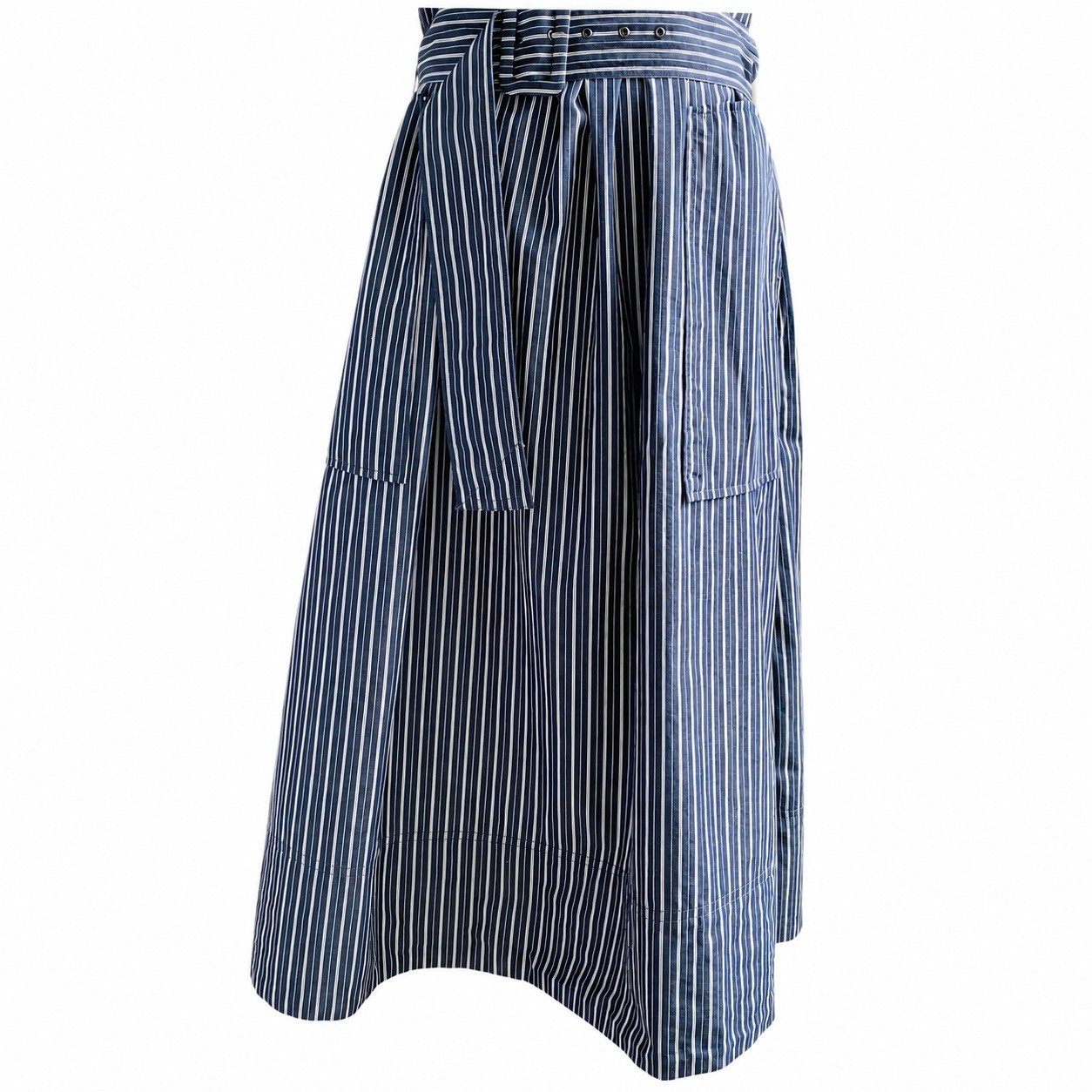 Free Assembly | Belted Cotton Utility Midi Dress Pockets Navy White Striped | XS