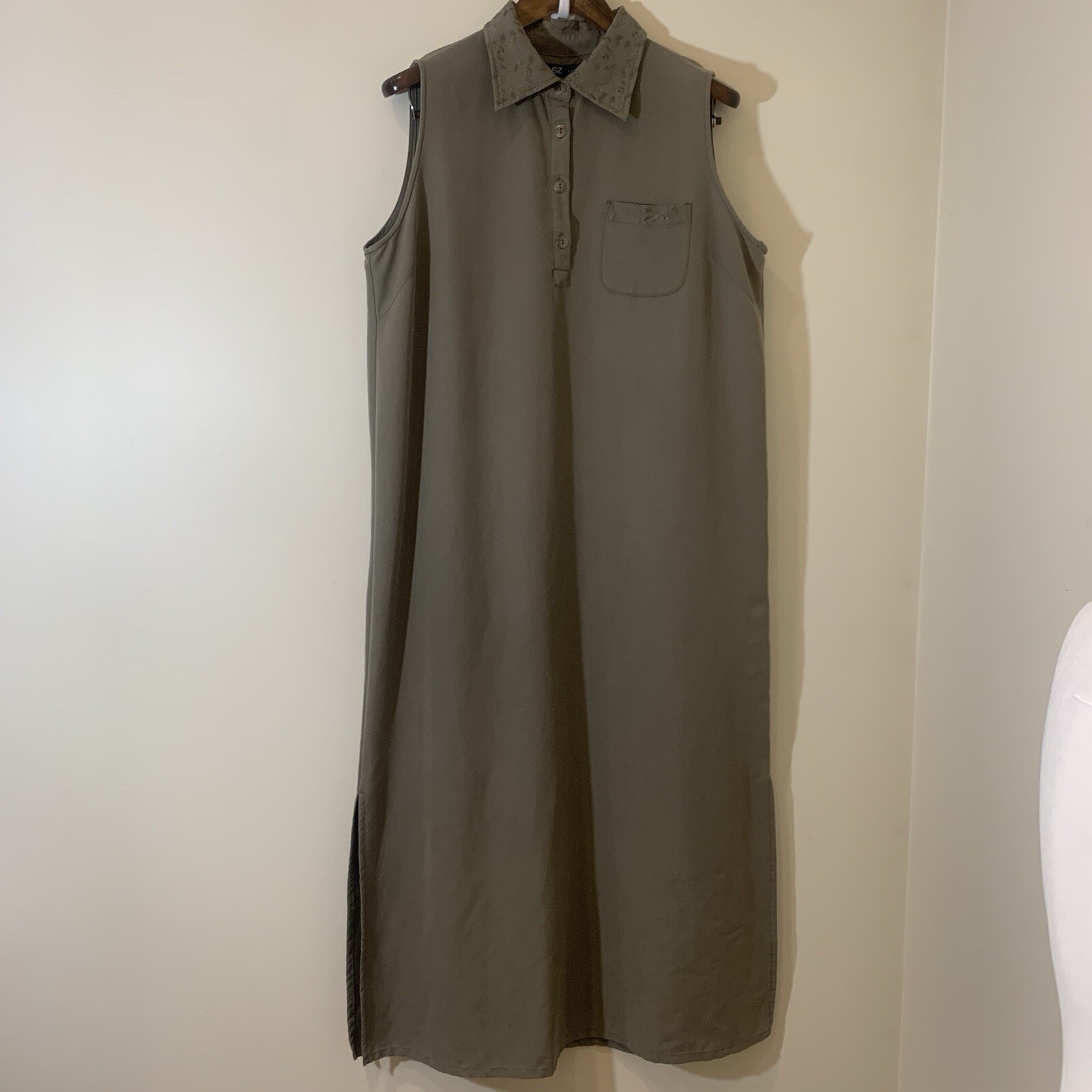 HSZ Studio Womens Maxi Dress XL Army Green Tencel Blend Embroidered Lagenlook