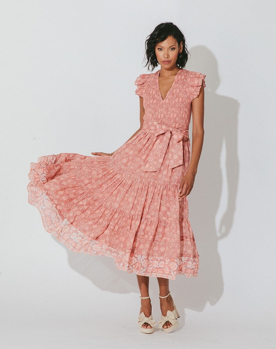 Cleobella Rita Midi Ankle Dress Camara Pink Floral Print Organic Cotton Size M