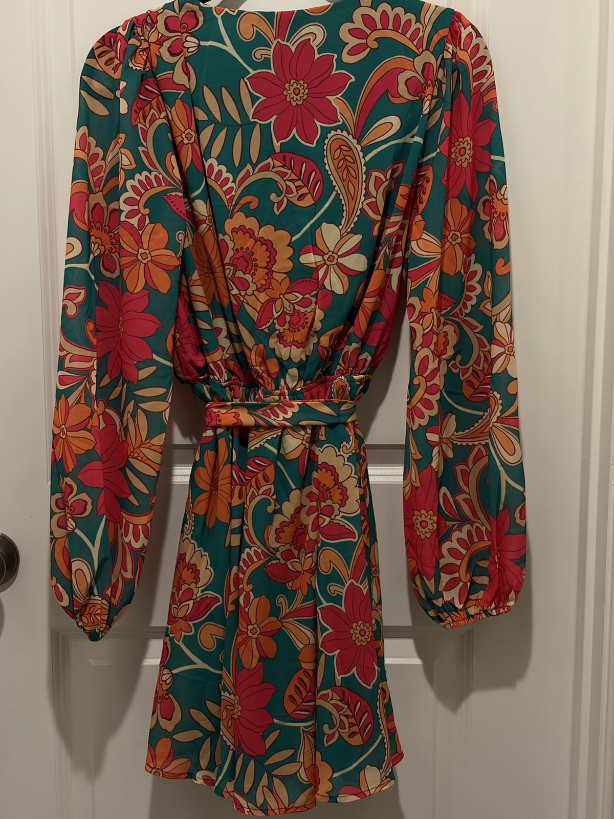 Baltic Born Wesley Floral Wrap Mini Dress Tie Belt Long Sleeve Women’s L Green