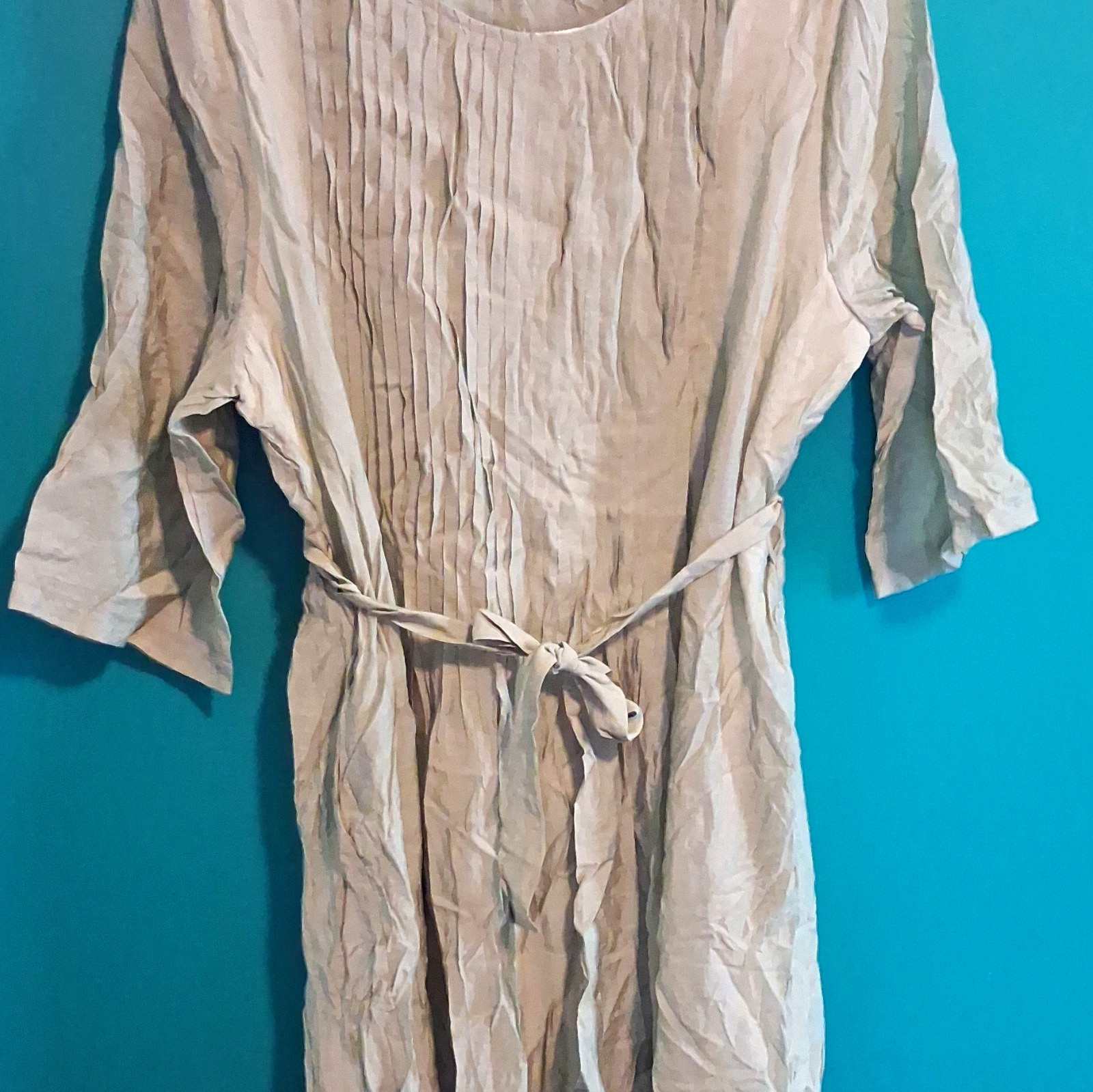 Women’s Beige Solid Long Blouson Dress, One Size, 3/4 Sleeve, Belted Tie