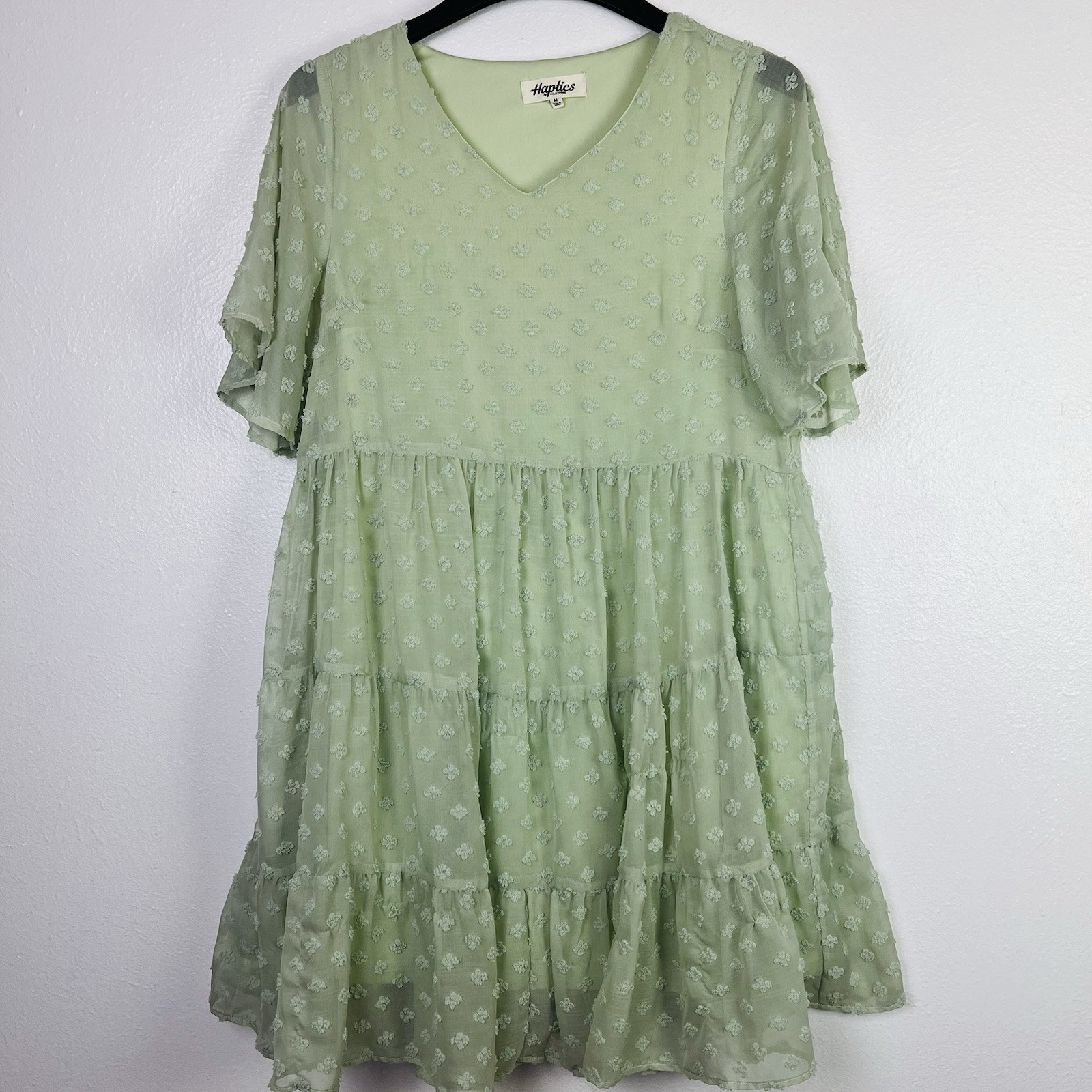 Haptics by Holly Harper Tan Baby Doll Dress Sheer Overlay Flutter Sleeve Medium
