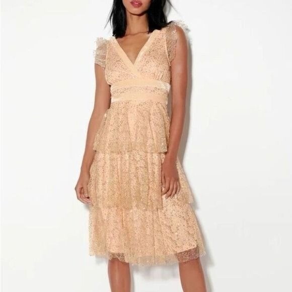 Lulus Stunning Love Nude and Gold Glitter Tiered Midi Party Cocktail Dress Small