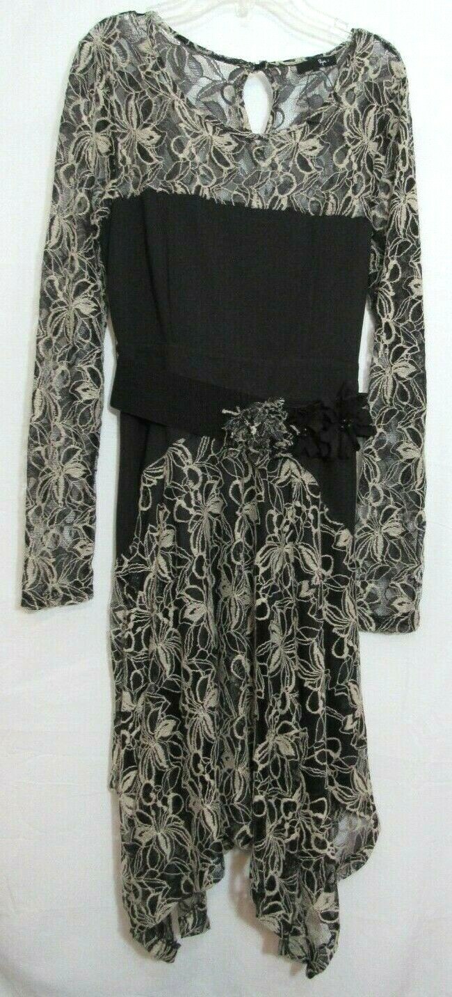 Ryu Black and Beige Lace Belted Shark Bite Hem Knee Length Medium Dress NWOT