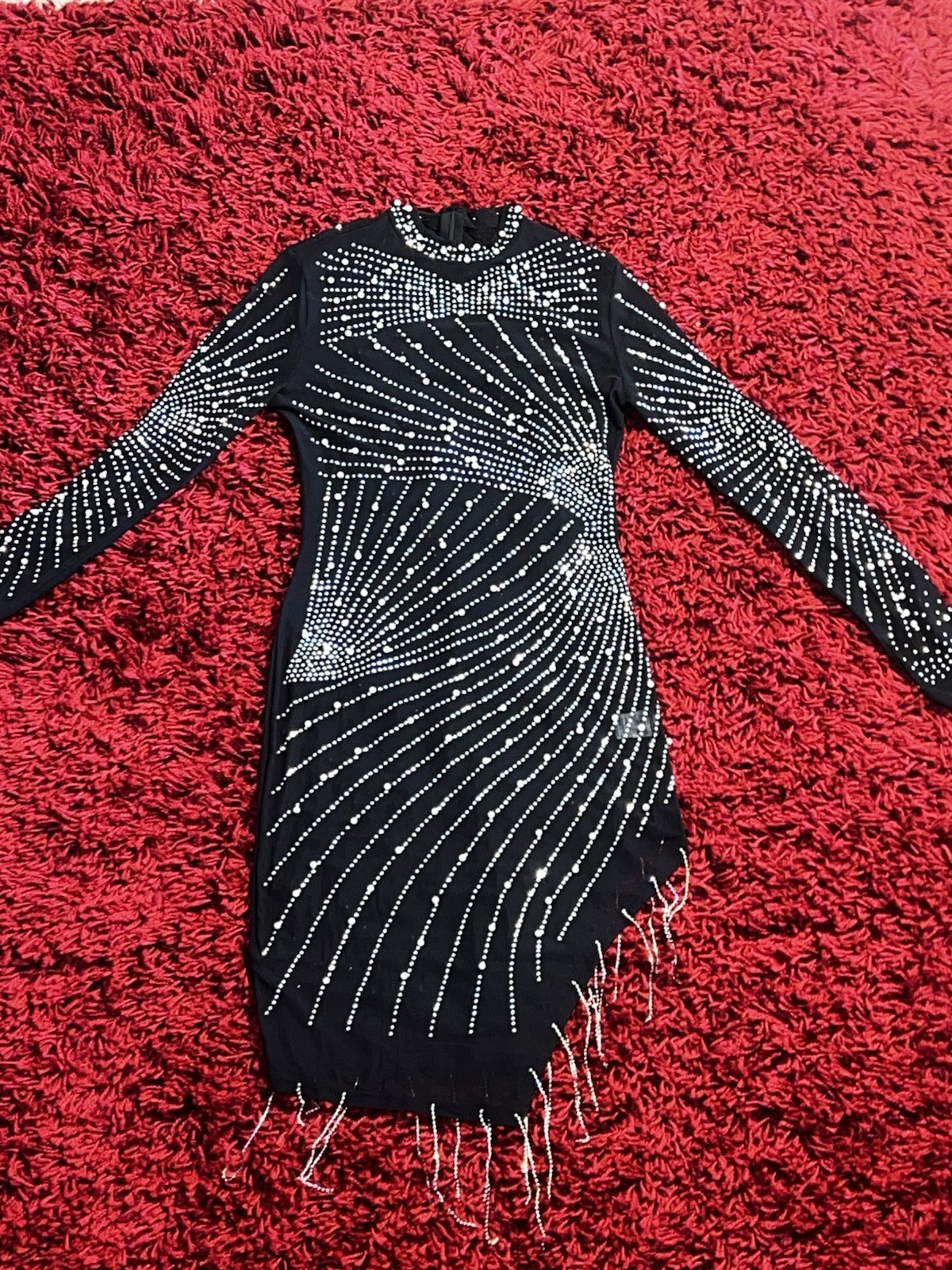 Black Sheer Rhinestone Pearl Beaded Long Sleeve Fringe Mini Dress