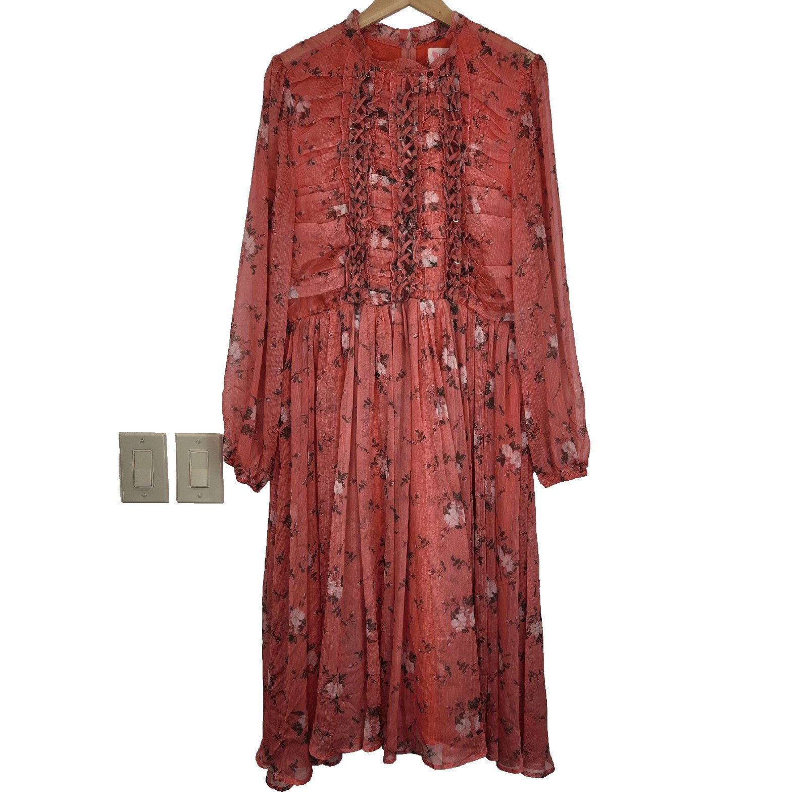 L’ATISTE By Amy Floral Chiffon Midi Dress Plus 1X Peach Pink Front Lacing Accent