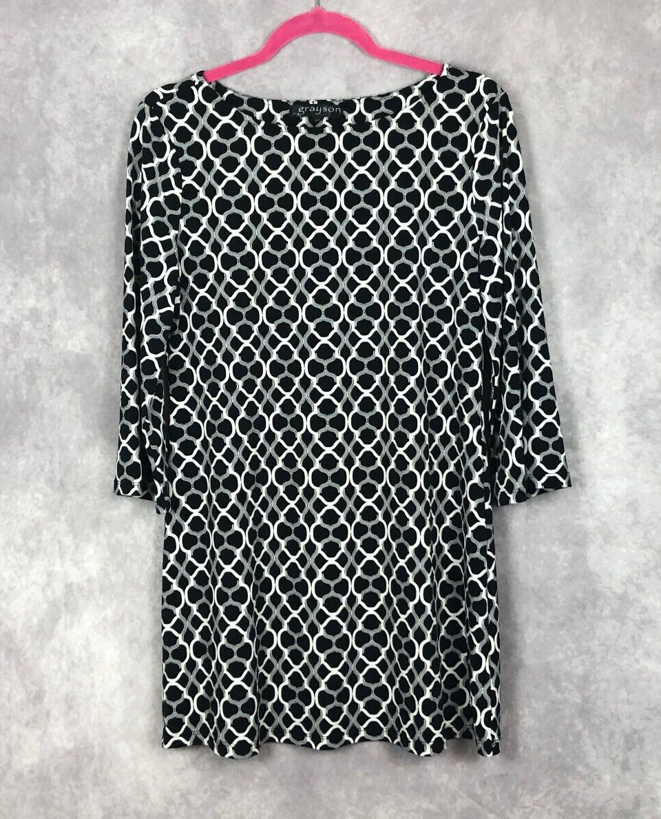 Grayson Shift Dress Womens Medium Black White Geometric Pattern Career Cocktail