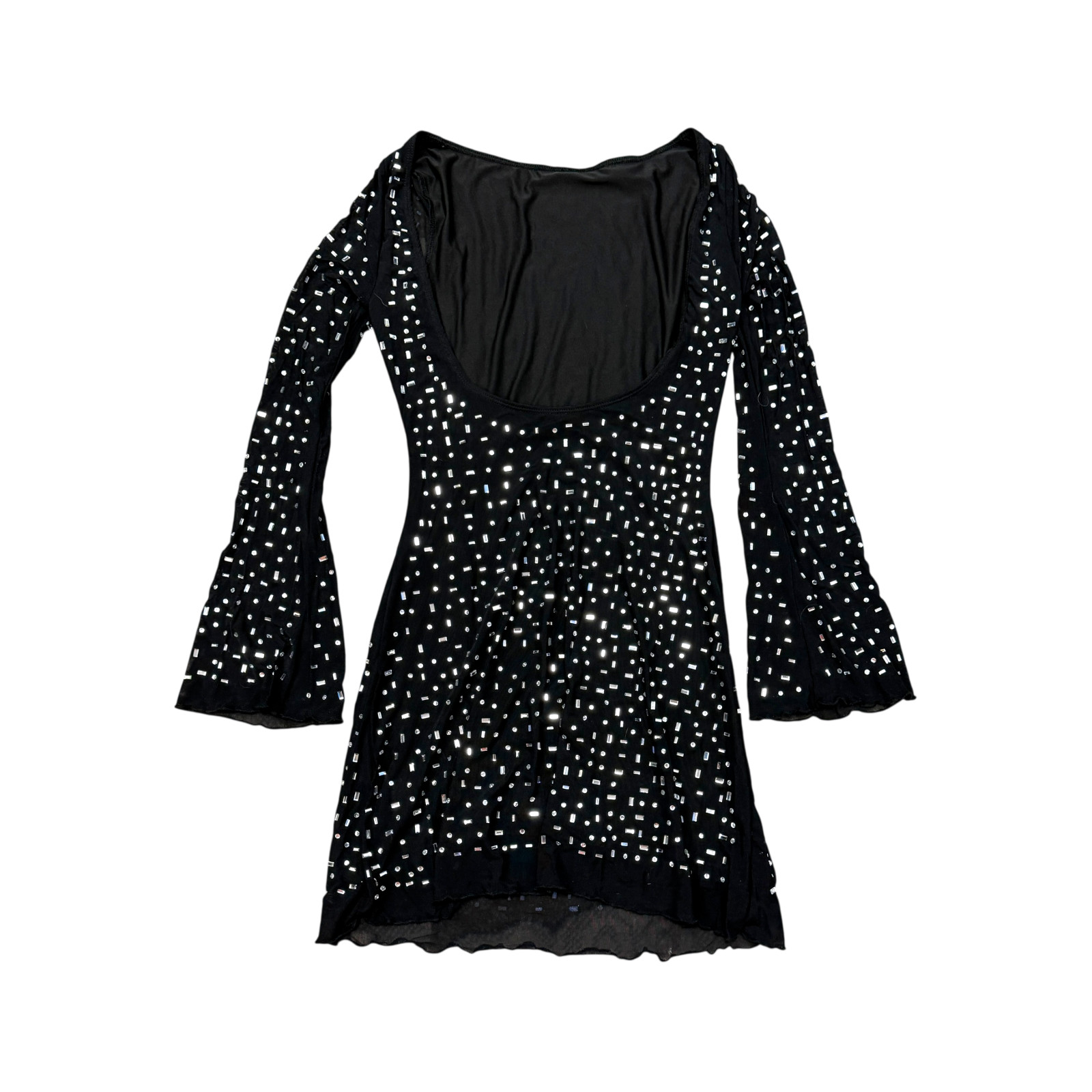Women Jersey Midi Dress Black Mesh Crystal-Embellished Flared Sleeve Cutout Back