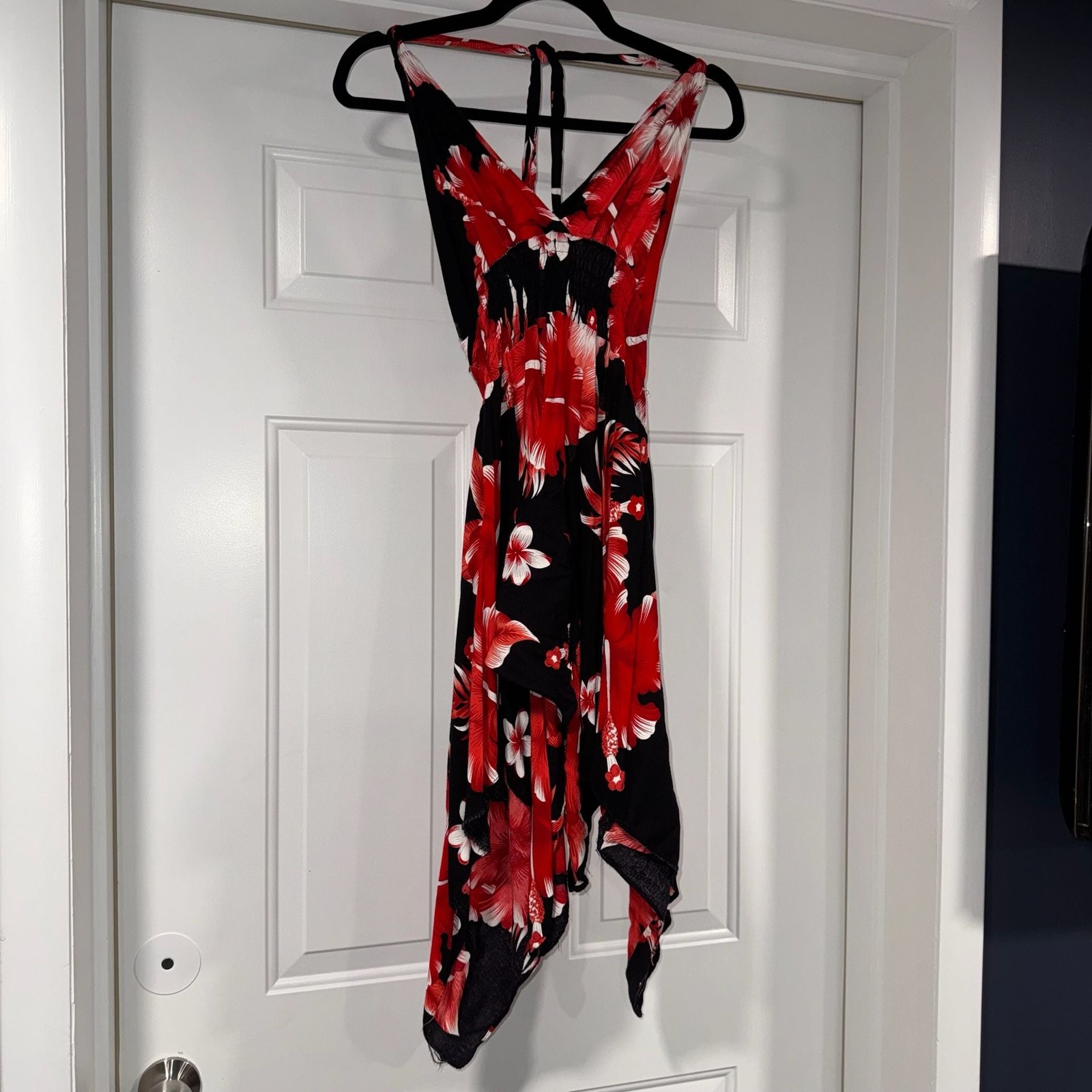 Red Black Tropical Floral Handkerchief Dress Halter Y2K Beach Boho One Size