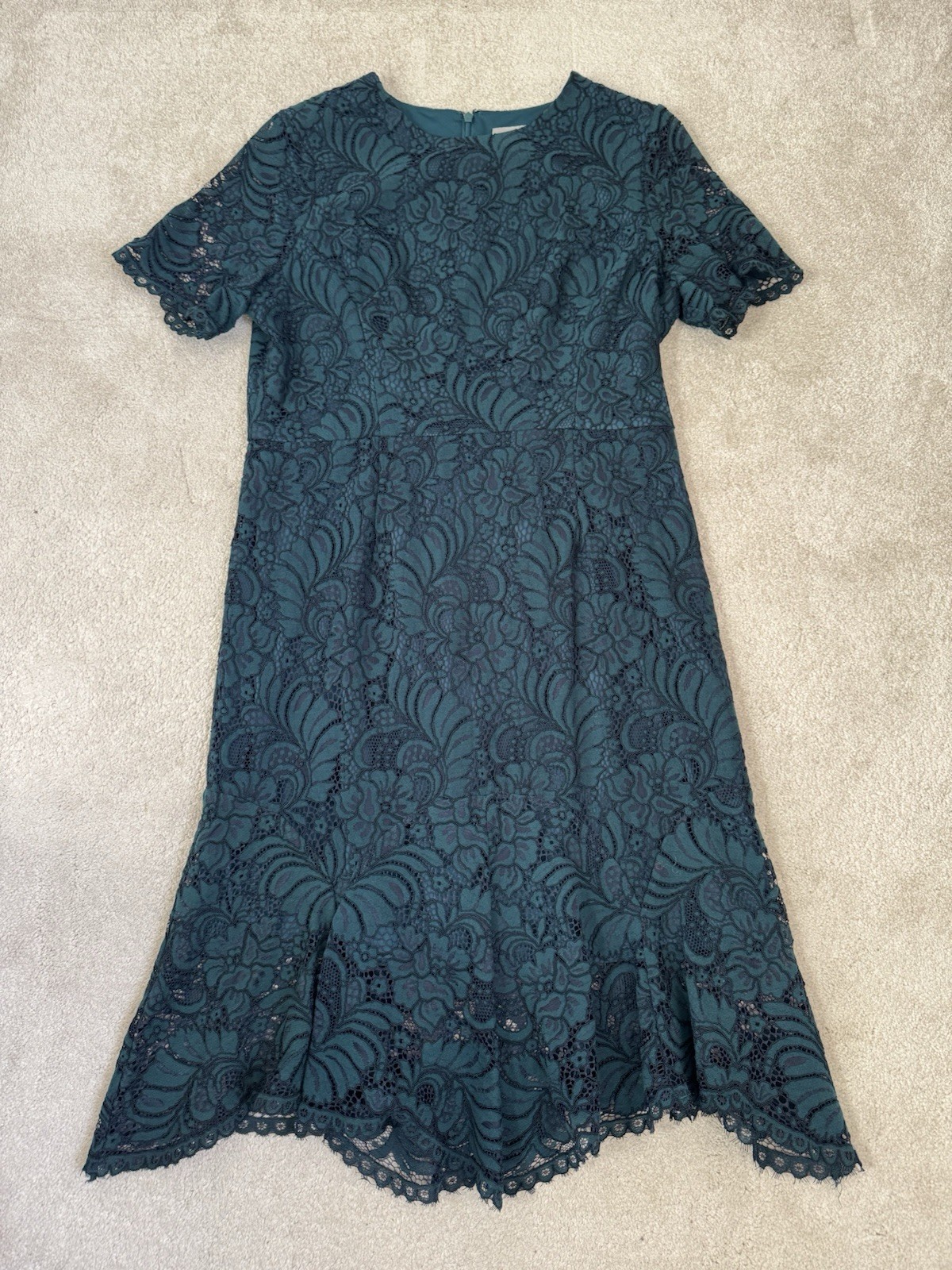 COAST FOREST GREEN LACE SHORT SLEEVE OCCASION DRESS SIZE 16, LINED, WEDDING VGC