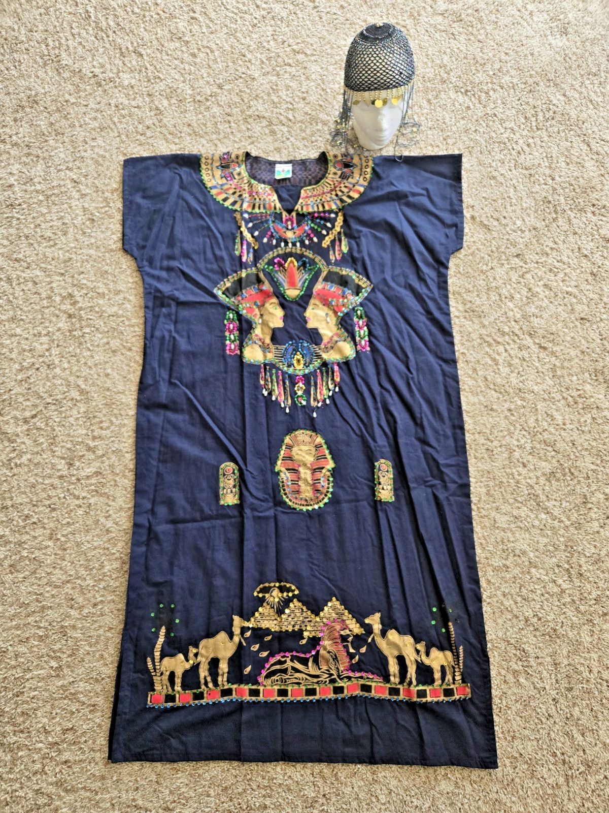 Vintage Egyptian Blue Gold Beaded Headpiece Sequin Camel African Kaftan Dress