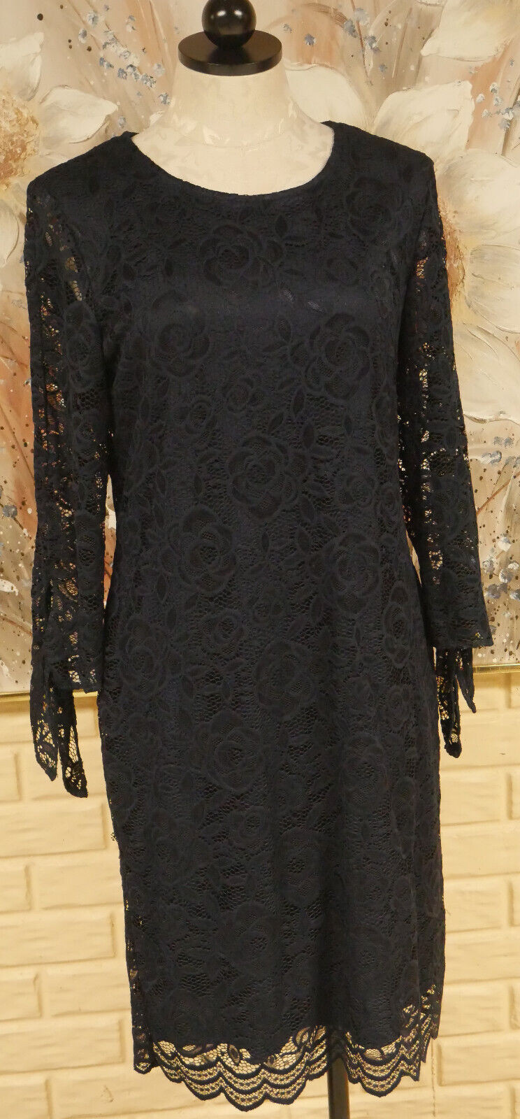 EUC ELEGANT LIZ CLAIBORNE SZ 10 BLUE LACE DRESS SHEER 3/4 SLEEVES / BOTTOM TIES