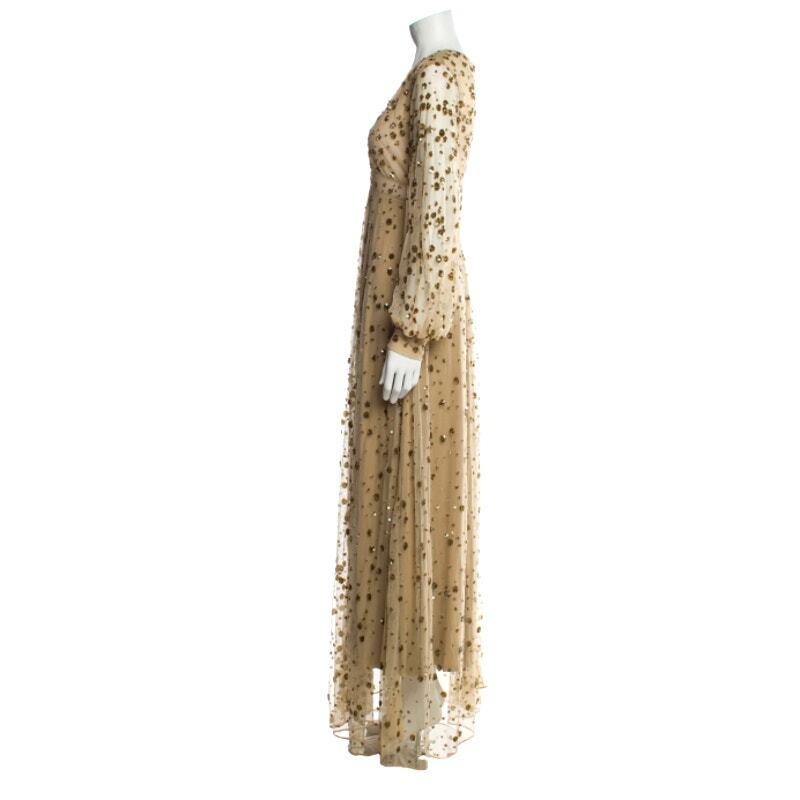 LoveShackFancy Maxi Gown Gold Nude Sequin-Embellished Tulle Janet Dress Sz 0