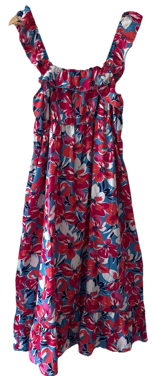 Ophelia Roe Midi Dress Women’s Sz XL Ruffled Pink Blue Coral Floral
