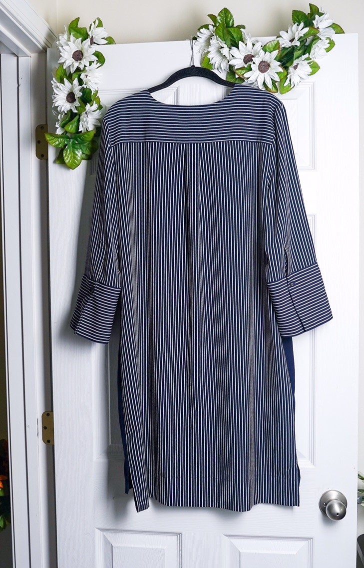 LOFT Navy Blue Shirt Dress Vertical Stripes Button Front Nautical Long Sleeves