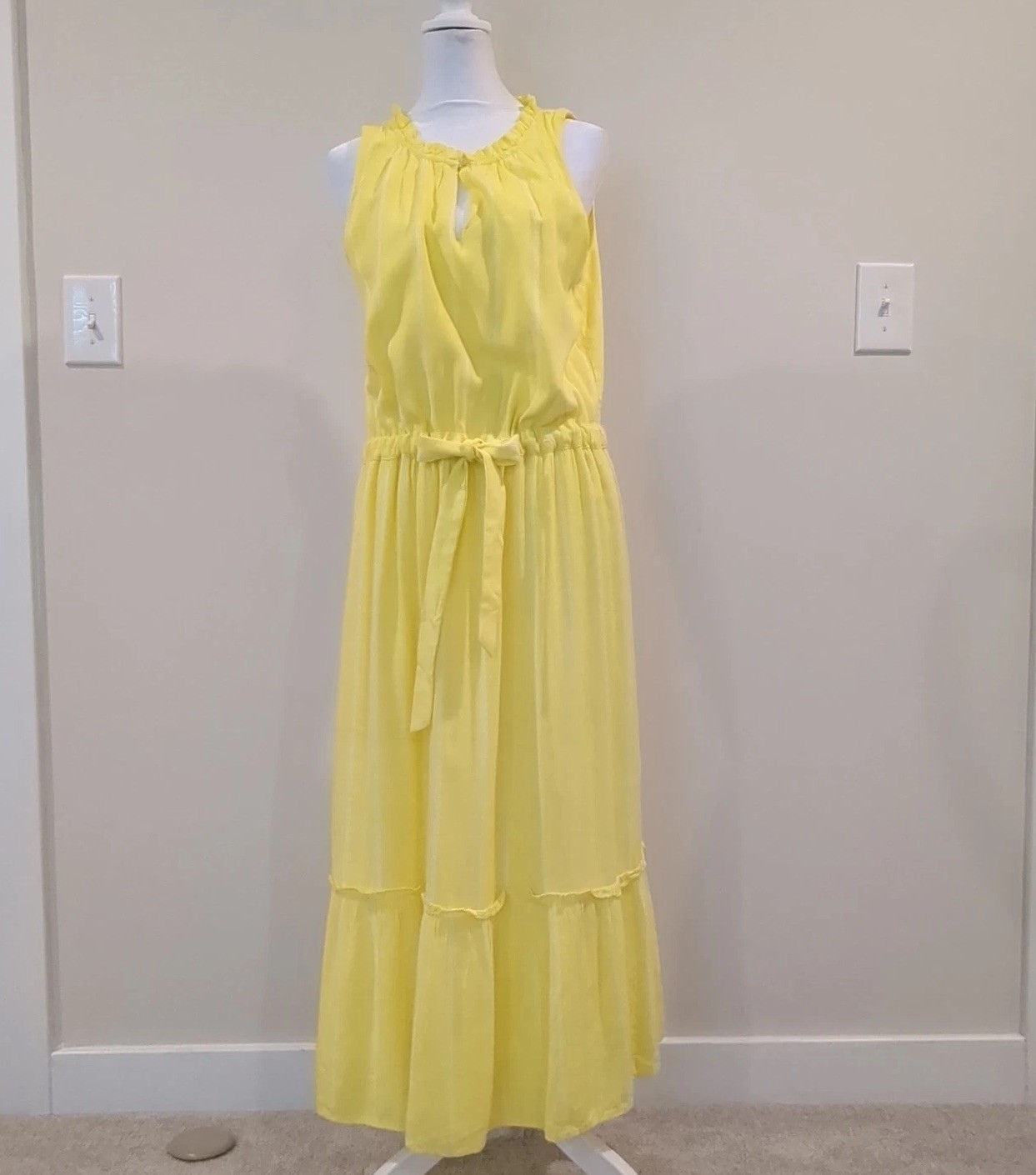 Women’s L Whimsical Yellow Striped Boho Maxi Dress Sundress Coastal