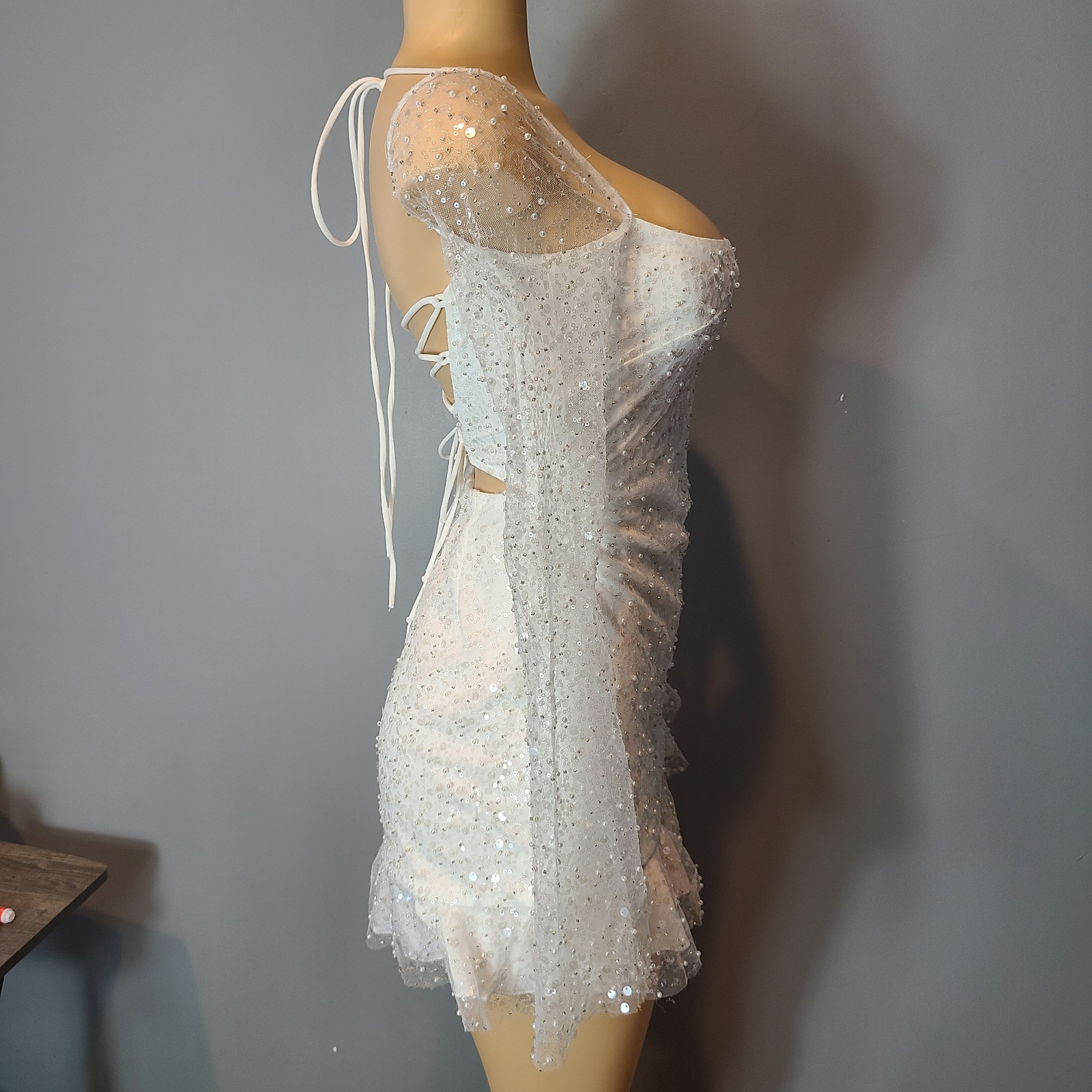 Lucy In the Sky Calendula Sequin Mesh Mini Dress White Coquette Fairy Sz XS