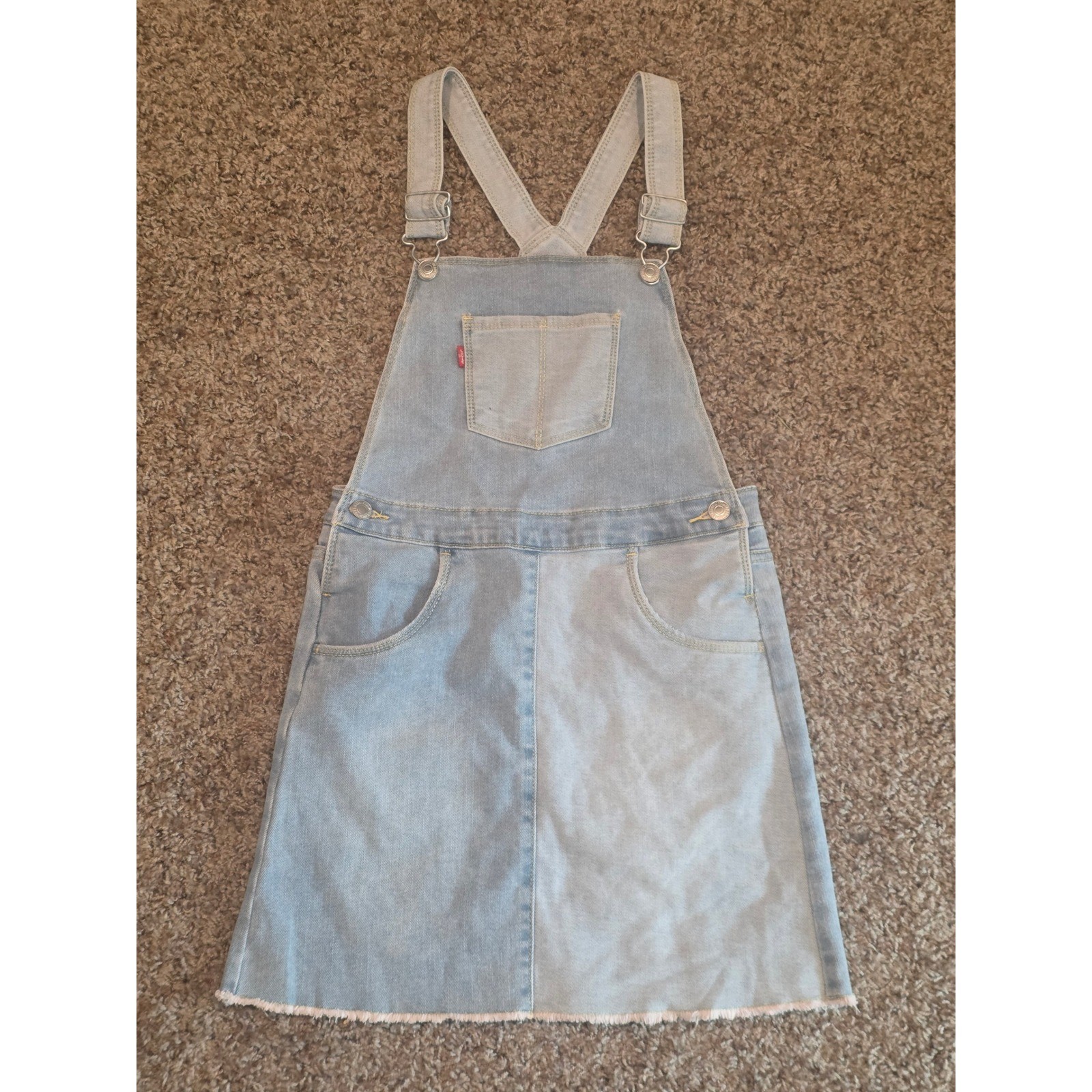 Levis Denim Overall Dress Light Wash Two Tone Colorblock Raw Hem Mini Bib Skirt