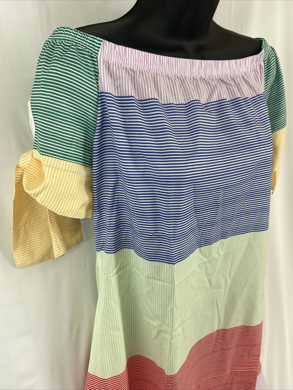 Women’s M Pullover Off Shoulder Shift Sundress Petal Sleeve Striped Colorblock