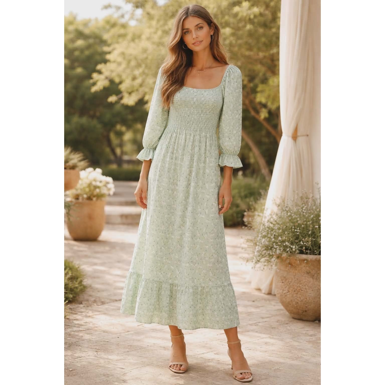 Miss Selfridge Green Floral Smocked Midi Dress 6 Puff Sleeve Milkmaid Cottage
