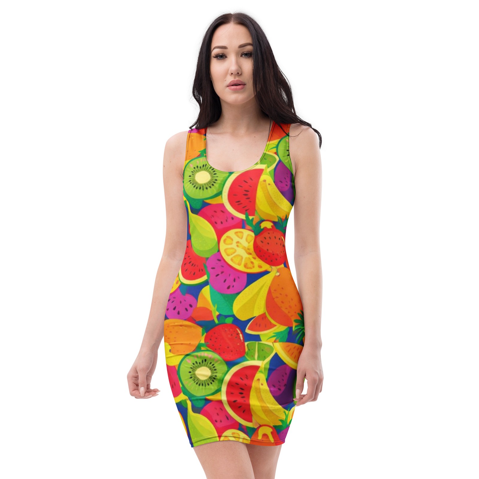 Tropic Burst Bodycon Mini Dress – Vibrant Fruit Salad Summer