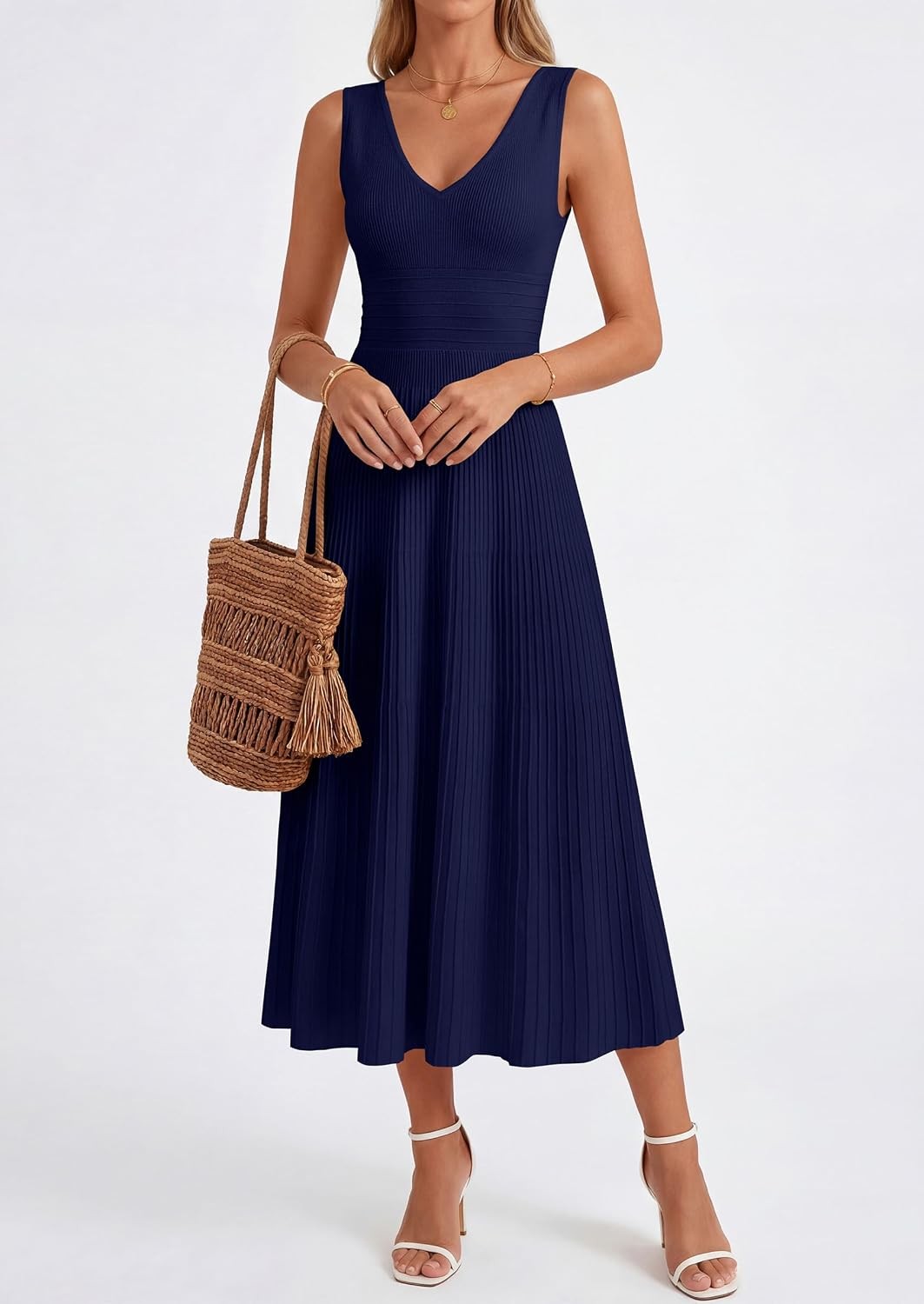 Summer Dresses for Women 2026 Spring Casual Sleeveless V Neck Pleated Midi Work