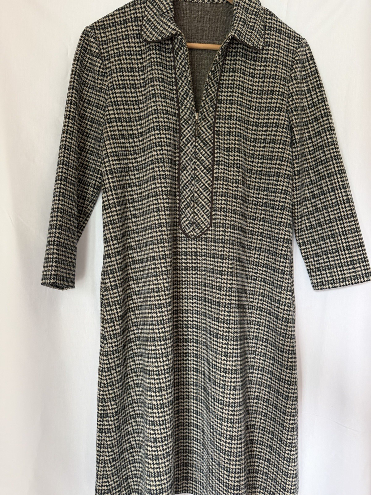 J. McLaughlin Makayla Houndstooth Brown Collared 3/4 Sleeve A-line Dress S