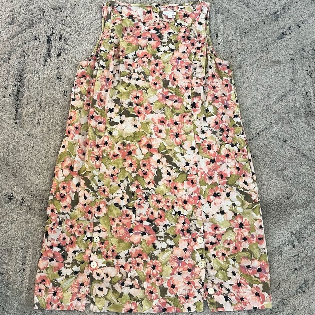 J.Jill Love Linen Watercolor Floral Sleeveless Shift Dress with Button Slit Hem