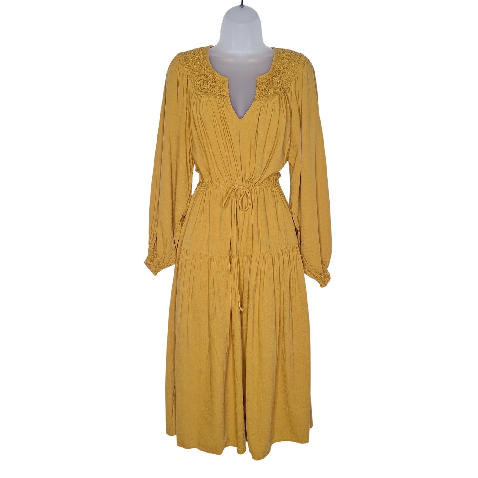 Old Navy Cinch Waist Prairie Dress Celandin M Cotton Blend Mustard Boho Peasant