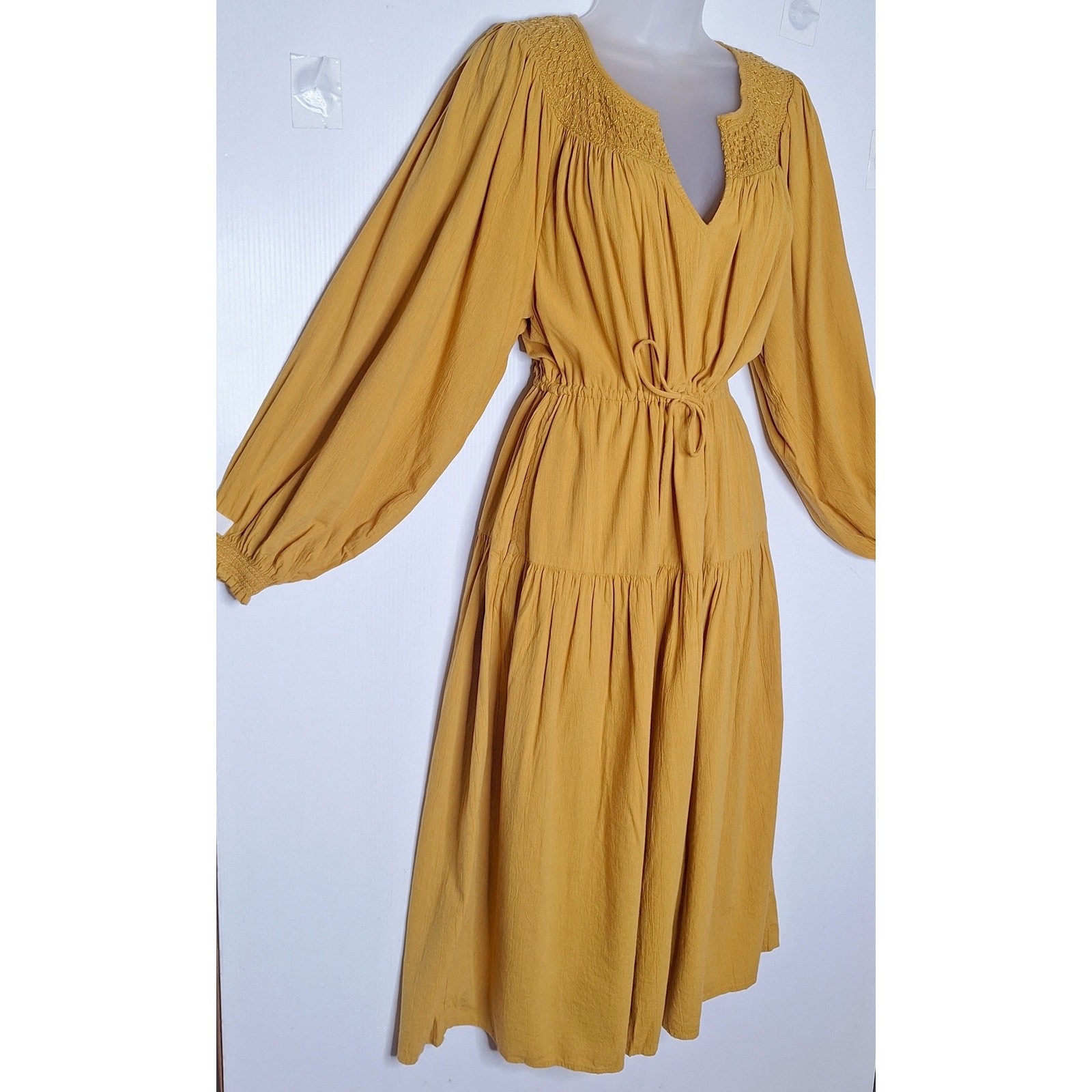 Old Navy Cinch Waist Prairie Dress Celandin M Cotton Blend Mustard Boho Peasant